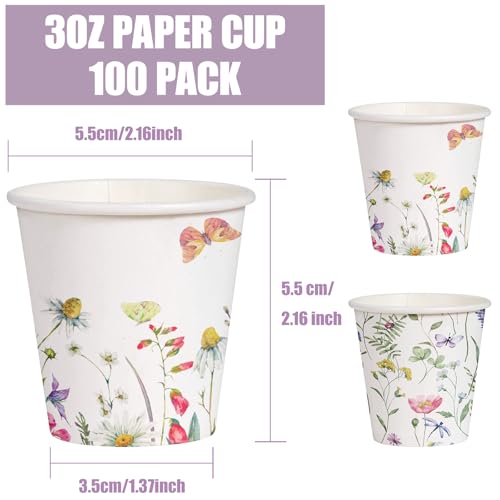 WRAPAHOLIC 3oz Paper Cups - 100 Pack Disposable Bathroom Cups with Wildflower & Butterfly Design, Small Mouthwash Cup for Toothbrush Rinse, Home Bathroom, Picnic, BBQ, Travel and Party - color: Sunflower Wildflower