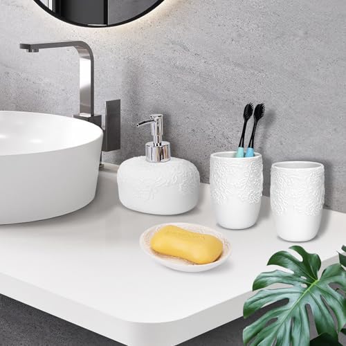 Ceramic White Bathroom Accessory Sets Embossed Design Look, Includes Bathroom Soap Dispenser with Rust-Proof Plastic Pump 13.5oz & 2Pcs Ceramic Cup,1Pcs Soap Dish - color: White-sliver