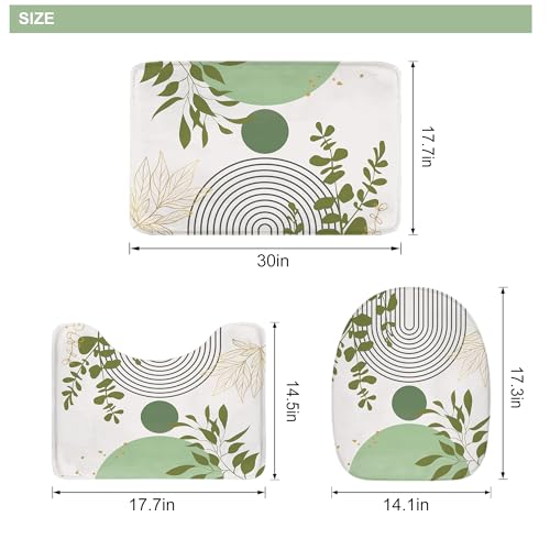Riyidecor Boho Light Green 4Pcs Bathroom Shower Curtain Sets Mid Century Modern Minimalist Abstract Bathroom Decor Set with Rugs and Accessories Leaf Toilet Lid Rug, Contour and Bath Mat with 12 Hooks - color: 04light Green
