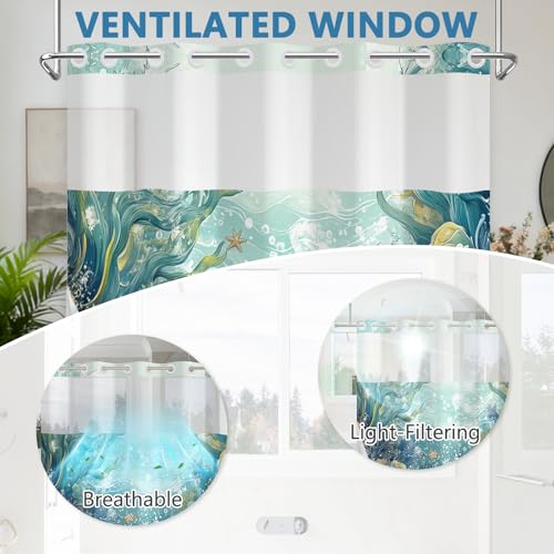 Ocean Theme No Hook Shower Curtain with Snap in Liner, Double-Layer Waterproof Shower Curtains with Mesh Top Window and Weighted Hem, Starfish Coastal Shower Curtain for Bathroom Decor, 71x74 Inches - color: Dreamy Starfish