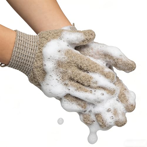 Exfoliating Bath Gloves 2 Pairs - Heavy Texture Body Scrub Gloves for Shower, Spa, Massage and Body Scrubs, Dead Skin Remover, Washing Gloves with Hanging Loop(Coffee) - color: Coffee