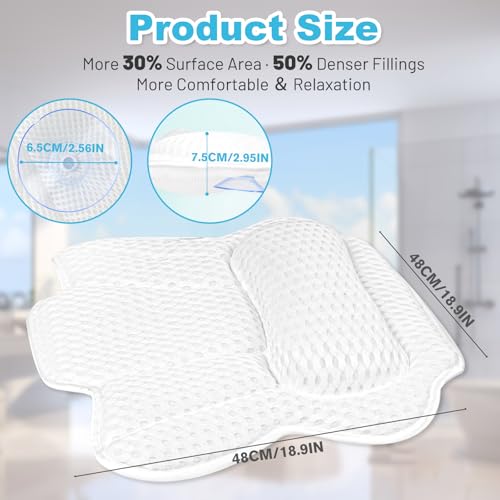Bath Pillows for Tub, Bathtub Pillow for Neck and Back Support, 6 Non-Slip Suction Cups, Ultra Soft 4D Air Mesh, Washable Bath Accessories Gift for Women and Men, White