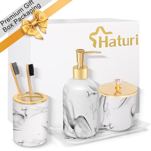 Haturi Bathroom Accessories Set, 4 Pcs Marble Look Sets Soap Dispenser & Toothbrush Holder Counter Top Restroom Apartment Decor Stuff, Glass Kits, Gift for Women and Men, Ink White - style: White