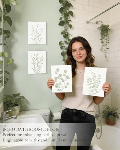 KUVIOKE Botanical Framed Boho Wall Art Bathroom Plants Wall Decor Green Sage Eucalyptus Leaf Prints Minimalist Aesthetic Ready to Hang Set of 4, 8x10 in (Framed) - color: Sage Plants - Standard, size: 8 x 10in x 4 Panels