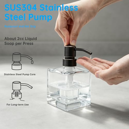 Square Bathroom Soap Dispenser Oil Rubbed Bronze, Glass Bottles with Stainless Steel Pump Retangle Cube Liquid Soap Dispenser Hand Kitchen with Waterproof Lables - color: Oil Rubbed Bronze, size: 8.4oz-Square