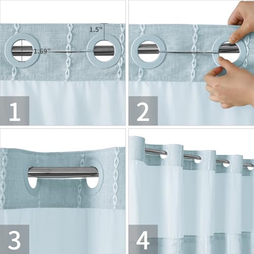 eachope Boho Farmhouse No Hook Shower Curtain Set with Snap-in Fabric Liner,Heavy-Duty Linen Textured Rustic Striped Design,Water-Repellent with Tassels and Sheer Window,Fog Blue,71x74 - color: Fog Blue, size: 71"W x 74"L (Pack of 1)