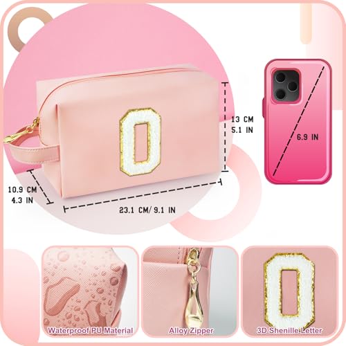 Personalized Initial Makeup Bag with Handle, Preppy Cosmetic Bag with Inner Zipper Pocket, 8 9 10 11 12 13 14 Years Old Girl, Graduation Gifts for Teen Girls Women Teachers (O, Pink) - color: Pink, style: O