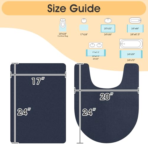 ACCUMTEK Non Slip Bath Mat, Thin Bathroom Rugs Fit Under Door, Quick Dry Bath Mats, Machine Washable Bath Rugs for Bathroom, Bathtub & Kitchen, Bathtub, Dark Blue/Solid/2 Piece - color: Dark Blue, size: 24"x17"+ 24"x20" Contour Rug