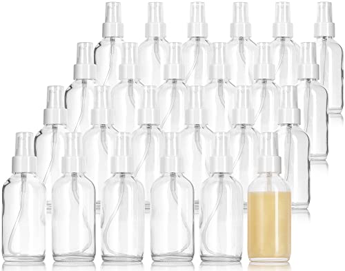 JUVITUS (24 Pack) 4 oz / 120 ml Clear Glass Boston Round Bottle with White Treatment Pump Refillable Empty Storage Containers - size: 24 Pack