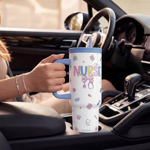 SANDJEST Nurse Stainless Steel Locking Lid Silicone Straw Tumbler with Handle 40oz, Insulated Stainless Steel Travel Cup for Women Girls Friends, Gift Idea for Birthday Christmas Nurse Week - color: Nurse