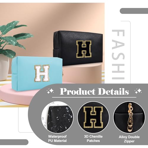 Personalized Initial A-Z Preppy Patch Makeup Bag,Small PU Chenille Letter Cosmetic Bag with Zipper for Teen Girls,Black Cute Toiletry Organizer Bag,Monogram Makeup Case Gift for Women Girls,Letter H - color: Black,Black-Letter, size: H