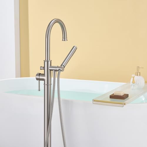 Wowkk Free Standing Tub Faucet Brushed Nickel Freestanding Bathtub Faucet Floor Mount Brass Bathroom Tub Filler with Hand Shower - color: Brushed Nickel, style: Modern