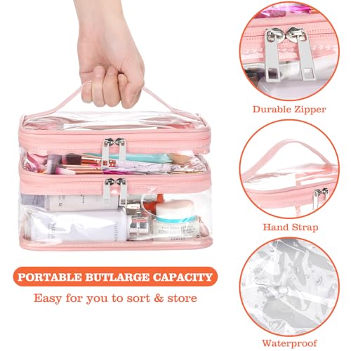 HAOGUAGUA Double Layer Clear Cosmetic Bag Makeup Bag, Waterproof Travel Toiletry Bag, Transparent PVC Pouch Organizer (Pink Large) - color: Pink Large