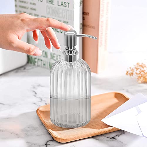 14 Oz Glass Soap Dispenser with 304 Rust Proof Stainless Steel Pump, Refillable Hand Liquid Soap Dispenser for Bathroom, Kitchen, Countertop, Laundry Room (White) - color: Clear