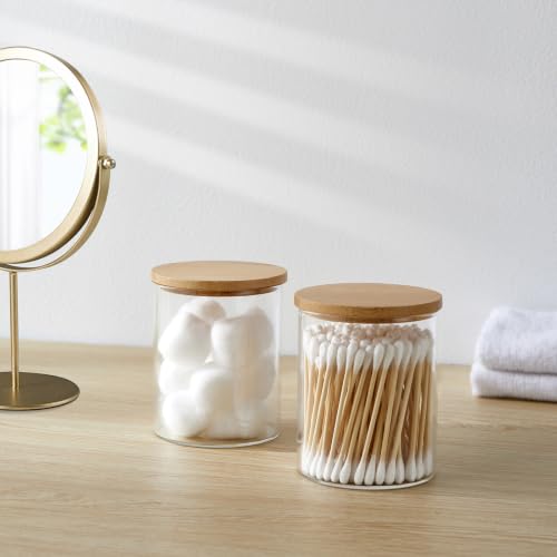 INIUNIK 6 Pack Glass Qtip Holder Dispenser with Bamboo Lid Apothecary Jars Cotton Ball Swab Holder Dispenser Bathroom Vanity Canisters Jars for Countertop Storage and Organization - size: 6 Pack