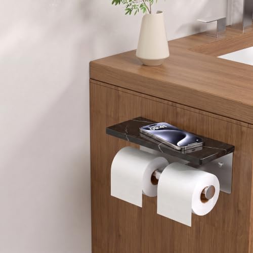 FORIOUS Double Toilet Paper Holder with Shelf, Wall Mount Tissue Roll Holder for Bathroom, 304 Stainless Steel Commercial Toilet Tissue Dispensers with Phone Shelf (1, Stainless Steel-Marble) - color: Stainless Steel-marble
