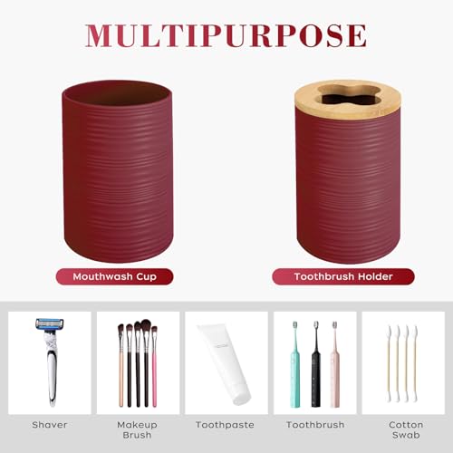 4 PCS Burgundy Bathroom Accessories Set, Includes a Soap Dispenser, Toothbrush Holder, Soap Dish and Mouthwash Cup, Plastics & Bamboo Bathroom Set, Bohemian Style Bathroom Sink Set - color: Burgundy, size: 4 PCS