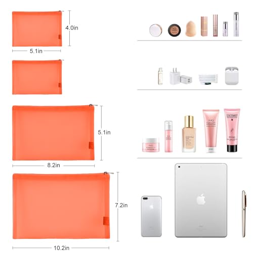 EASYFUN Mesh Pouch, Make up Bag with Zipper Cosmetic Organizer Pouch for Daily or Travel to Keep Small Items, 4 PCS Orange - color: Orange