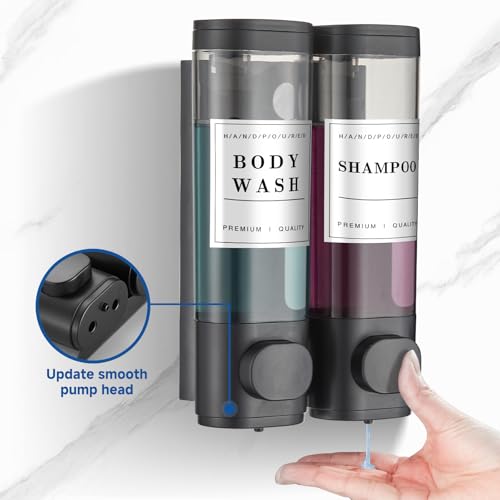 Shampoo and Conditioner Dispenser Shower Dispenser Body Wash Wall Mounted Shampoo Dispenser for Shower Wall No Drill for Bathroom Hotel 2 Chamber x 300ml Black with Waterproof Labels - color: Black 2