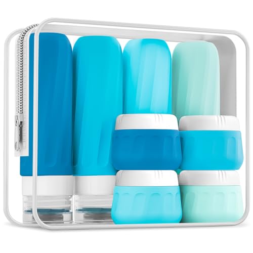 Mrsdry Travel Bottles for Toiletries, 10 Pack, TSA Approved, 3oz/90ml Silicone, Leak Proof, Wide Mouth, Reusable, Travel, Vacation, Plane Trip, Camp - color: Blue, size: 3oz bottle 1oz jar