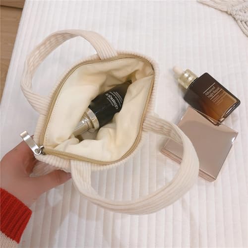 Wudygirl Makeup Bag Travel Cosmetic Bag for Women Small Makeup Pouch with Handle Zipper Cosmetic Pouch Handbag Aesthetic 8.3" x 6.7"(Beige) - color: Beige