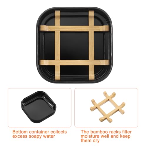uxcell Wooden Soap Holder, Detachable Self Draining Square Soap Dishes with Lid, Wooden Bamboo Soap Bar Tray for Shower (Double Pack Rounded Black) - color: Black