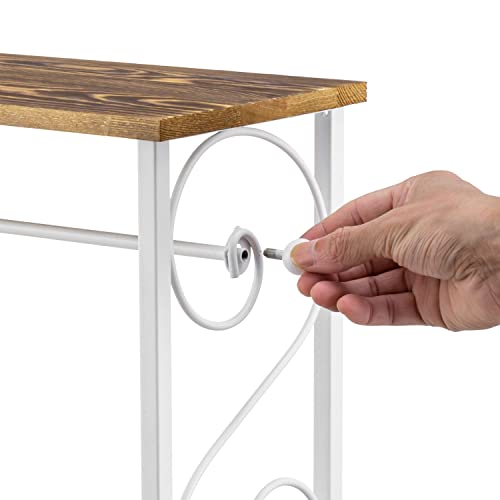 MyGift Toilet Paper Holder Stand with Shelf, Bathroom Table Stand Storage with Magazine Holder Basket, Scrollwork Design, White Metal - color: White