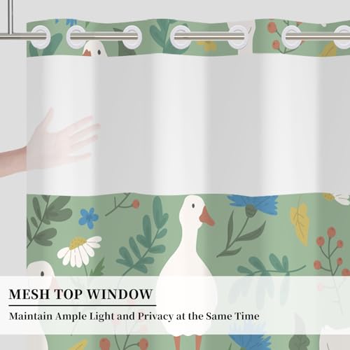 No Hook Shower Curtain with Snap-in Liner Set 71x74 Inch | Farmhouse Goose Shower Curtain with Mesh Top Window, Cute Animal & Floral & Botanical Bath Curtain, Waterproof Washable - color: Goose