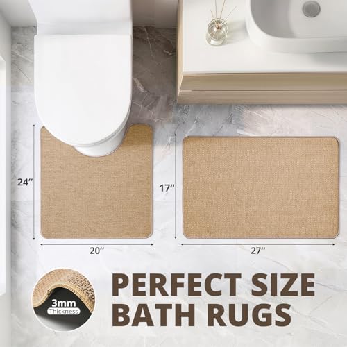 Bathroom Rugs Sets 2 Piece, Thin Bath Mat & U-Shaped Contour Toilet Rug Absorbent Quick Dry, Machine Washable, Non Slip Low Pile Bath Mats for Bathroom/Tub/Sink/Shower (27"x17" Plus 24"x20" U, Khaki) - color: Khaki, size: 17"x27"+U Shape 24"x20"-2pack