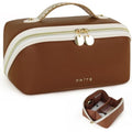 Prite Makeup Bag for Women Travel Waterproof Vegan Leather Cosmetic Bag Open Flat Toiletry Bag With Clear Divider and Handle (Dark Brown, Medium) - color: Dark Brown, size: Medium