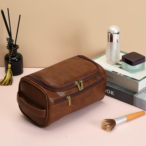 Toiletry Bag for Men, Travel Shaving Dopp Kit Water-resistant Bathroom Toiletries Organizer PU Leather Cosmetic Bags - color: redbrown
