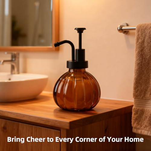 Halloween Soap Dispenser, Fall Amber Glass Soap Dispenser, Small Bathroom Hand Soap Dispenser, Vintage Pumpkin Style Soap Bottle with Pump, 9 fl oz Refillable Liquid Dish Dispenser for Kitchen