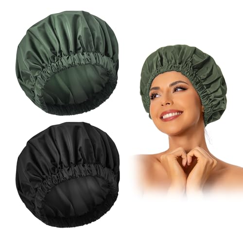 Edoneery Reusable Shower Caps for Women, Waterproof Long Hair Bonnet | Washable Design, Wide Elastic Band, Large Fit, Holds Long Hair, Braids Friendly, Bath Accessories, Spa, Travel - color: Black&Green