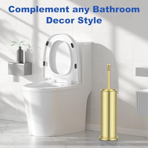 Toilet Brush and Holder Set：304 Stainless Steel Heavy Duty Toilet Bowl Brush，Removable Inner Bowl and Splash Protection，Bathroom Toilet Brush-Dense Bristles for Through Cleaning - color: Bright Gold