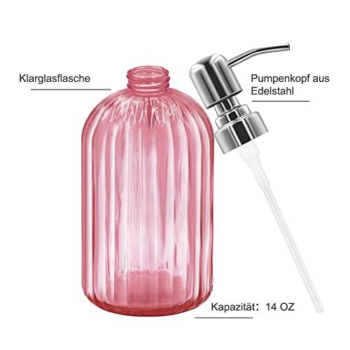 14 Oz Glass Soap Dispenser with 304 Rust Proof Stainless Steel Pump, Refillable Hand Liquid Soap Dispenser for Bathroom, Kitchen, Countertop, Laundry Room (Pink) - color: Pink