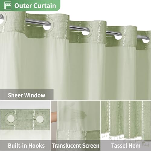 eachope No Hook Long Shower Curtain Set with Snap-in Fabric Liner,Linen Ultra Thick Fabric with Tassels,Boho Chic Modern Farmhouse Country Neutral Cloth Shower Curtains for Bathroom,Sage Green,71x80 - color: Sage Green, size: 71"W x 80"L (Pack of 1)