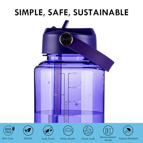 OLDLEY 32oz Water Bottle with Straw,Leakproof Tritan Clear Bottle with Marked Bottle and Carry Handle, BPA-Free Wide Mouth Reusable Sports Water Bottle for Gym,Hiking, Camping, Travel, Workout,Purple - color: Purple