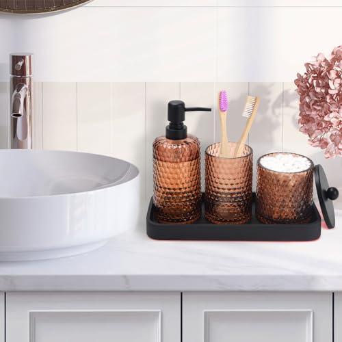 Bathroom Accessories Set,4 Pcs Amber Glass Bathroom Accessories Sets-Lotion Soap Dispenser,Toothbrush Holder,Qtip Holder Dispenser & Resin Vanity Tray,Countertop Vanity Organizer,Amber - color: Amber + Matte Black Tray