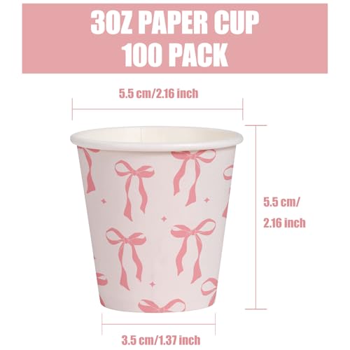 WRAPAHOLIC 3oz Paper Cups - 100 Pack Disposable Bathroom Cups with Pink Bow Design, Small Mouthwash Cup for Toothbrush Rinse, Home Bathroom, Picnic, BBQ, Travel and Party - color: Pink Bow