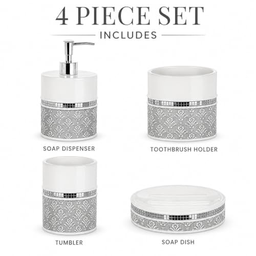 Creative Scents Mirror Damask White & Gray 4 Piece Bathroom Accessories Set | Bathroom Set Includes: Soap Dispenser, Soap Dish, Toothbrush Holder & Tumbler - color: 4 Piece Set