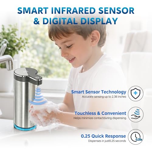 Automatic Liquid Soap Dispenser, Touchless Rechargeable Soap Dispenser for Kitchen & Bathroom, Stainless Steel, 4 Adjustable Foam Levels, USB-C, Waterproof, 12oz/350ml(Stainless Steel Liquid) - color: St-01 Liquid Gray