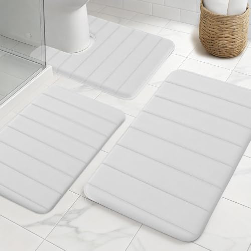 Bathroom Rugs Sets 3 Pieces Thicker Memory Foam Bath Mat with Non Slip Backing, Machine Wash, Dries Quickly, Ultra Soft White Bath Carpet with Toilet Rug for Bathroom,Kitchen,Tub - color: White, size: 31" X 19" + 23" X 15" + U19" X 15"