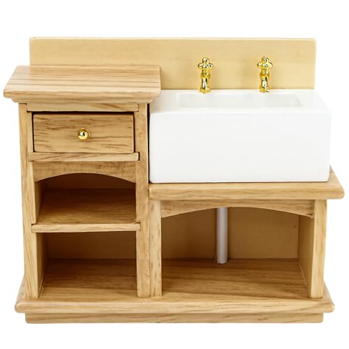 Dollhouse Sink 1/12 Scale Miniature Furniture Bathroom Mini Kitchen Sink with Cabinet Set Dolls House Wooden Accessory Doll Farmhouse Accessories