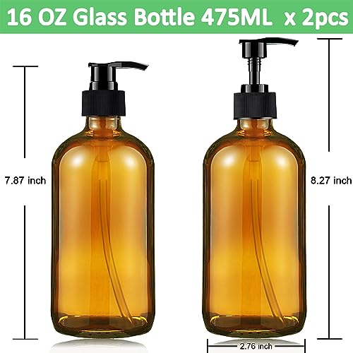 Amber Glass Soap Dispenser 16 Oz - Empty Bottles Set with Black Pumps & Lids & Lables for Refillable Shampoo Conditioner Bathroom Shower Wash Hand Body Lotion Soap Dish Kitchen Container Brown
