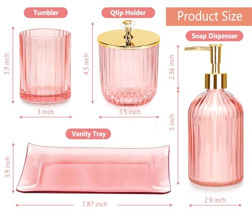 Haturi Bathroom Accessories Set, 4 Pcs Pink Glass Bathroom Accessories Sets Complete w/Lotion Soap Dispenser, Toothbrush Holder, Apothecary Jar, Vanity Tray, Bathroom Decor, Gift for Home Apartment - style: Pink