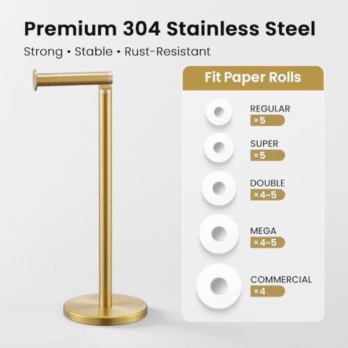 Cesun Extra Weighted Base Toilet Paper Holder Stand - SUS304 Rust Proof Free Standing Tissue Roll Holder for 4 Rolls, No Tipping, No Slipping, Gold - color: Gold