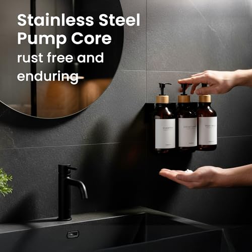 Shampoo and Conditioner Dispenser Wall Mounted Set of 3 Amber Bamboo - No Drill Shower Soap Dispenser for Bathroom Refillable - Spa Hotel Style Accessories by MaisoNovo - color: Amber Bamboo Set of 3
