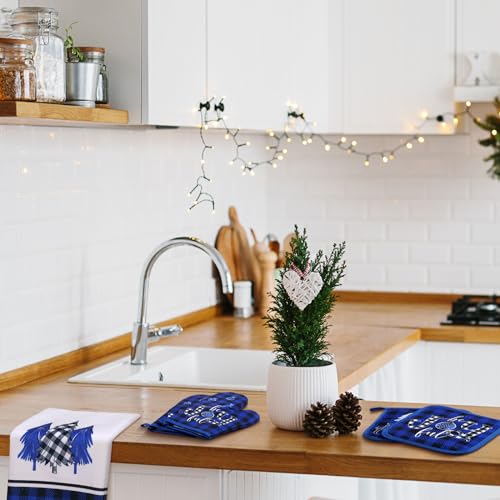 Leinuosen 6 Pieces Christmas Kitchen Set Dish Hand Towels Pot Holders and Oven Mitts Set Tea Towels Non Slip Heat Resistant Oven Gloves for Xmas Kitchen Cooking Baking Grilling(Xmas Tree)