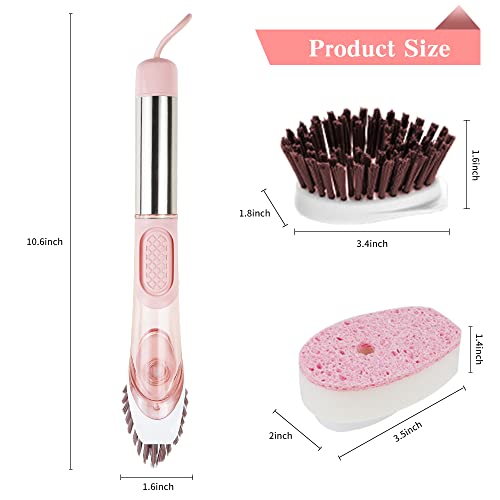 Dish Cleaning Brush, Soap Dispensing Dish Brush Set with 4 Replacement Heads and Storage Holder, Kitchen Scrub Brush for Dish Pot Pan Sink Cleaning (Pink) - color: Pink