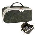 Prite Makeup Bag for Women Travel Waterproof Vegan Leather Cosmetic Bag Open Flat Toiletry Bag With Clear Divider and Handle (Green Flower, Medium) - color: Green Flower, size: Medium